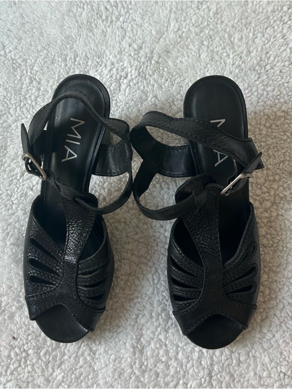 MIA Black Leather Cutout Peep-Toe Ankle Strap Heels size 8M